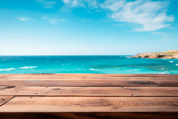 Naklejka premium A wooden table set against the backdrop of the sea, an island, and the blue sky.Empty space for text. Bright image.