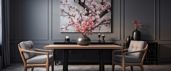 Conceptualize an inviting room with generous space, featuring a table adorned with flowers against a chic gray wall, infusing a sense of modern tranquility.