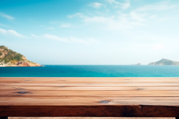 Obraz premium A wooden table set against the backdrop of the sea, an island, and the blue sky.Empty space for text. Bright image.