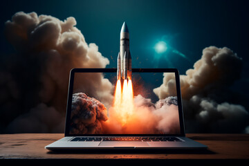 Cartoon illustration: Rocket emerging from a laptop screen. Bright and imaginative image.
