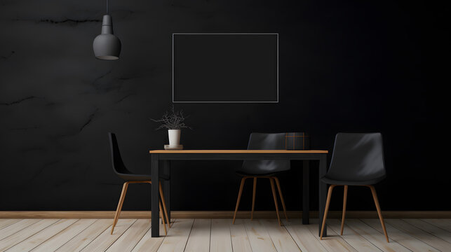Modern Dining Room with Black Wall and Wooden Furniture Contemporary Interior Design Concept