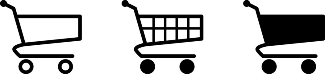 Black and White Shopping Cart Supermarket Trolley Icon Set. Vector Image.