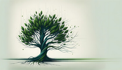 K&uuml;nstlerische Darstellung eines Baumes mit stilisierten Zweigen und Bl&auml;ttern, die Wachstum und Entwicklung symbolisieren."