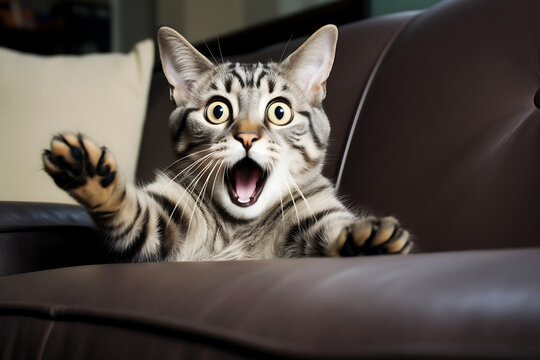 Surprised and shocked cat on a couch indoor