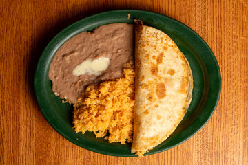 Quesadilla with refried beans and rice