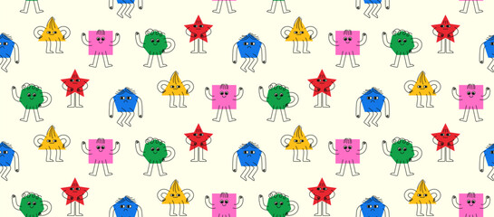 Colorful seamless background with cute geometric shapes in flat cartoon style. Fun triangle, square, pentagon and star characters with cute faces, arms and legs.
