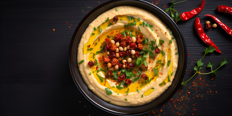 Traditional Jewish creamy lunch salad called hummus made with chickpeas olive oil and paprika Accomp, Hummus as a dish in a high-end restaurant, generative AI
