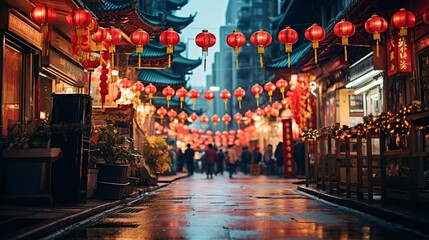 illuminated street decorated with Chinese lanterns in the new year - obrazy, fototapety, plakaty
