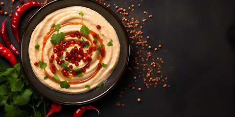 Spicy traditional hummus with pepper and greens on wooden background, Hummus ingredients and bowl, Traditional hummus salad with parsley served on a plate, generative AI


