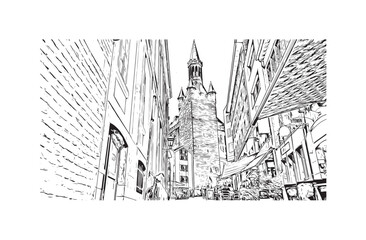 Hand drawn sketch illustration in vector. Building view with landmark of Aachen is the city of Germany. 