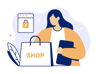A woman with a phone and shopping bag. Flat vector illustration.