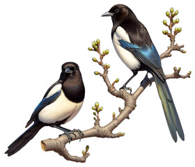 A male and female Eurasian magpie perched on a tree limb on a transparent background