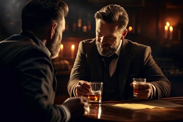 friends talking and drinking whiskey in the tavern - obrazy, fototapety, plakaty