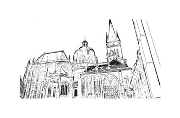 Fototapeta premium Hand drawn sketch illustration in vector. Building view with landmark of Aachen is the city of Germany. 