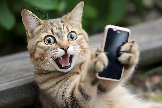 Sly tabby cat with a mobile phone in his hands.