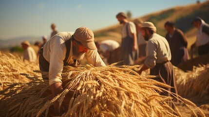 A bucolic countryside vista of wheat sheaves being ferried on a transport into an aged threshing contraption. - obrazy, fototapety, plakaty