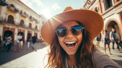 Happy Caucasian female tourist taking a selfie in a touristic place. Generative AI.