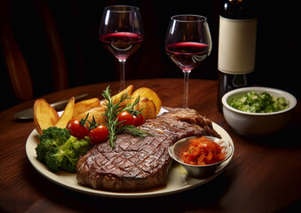 Beef steak with wedges and tomatoes and glasses and bottle of red wine on wooden board.Macro.AI Generative.