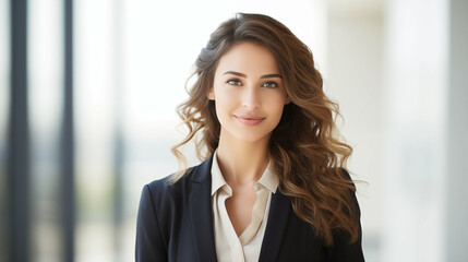 Fototapeta premium Caucasian businesswoman smiling and looking at camera at office. Generative AI.