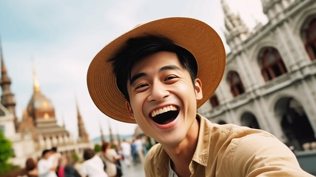 Happy Asian male tourist taking a selfie in a touristic place. Generative AI.