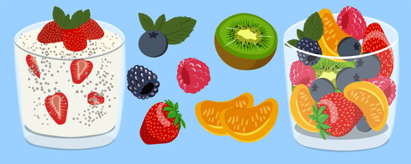 a glass of fruit and a glass of smoothie in vector. a set of fruits and berries in a semi-realistic style. objects for the design of an application, website, leaflet, booklet, advertising, packaging, 