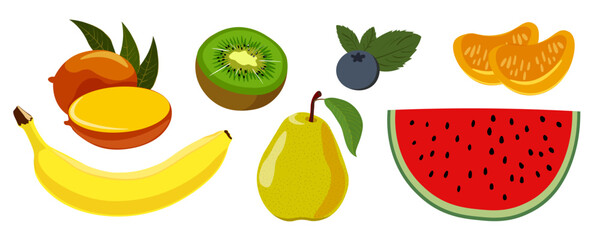 pear, tangerine, mango, banana, blueberry, kiwi, watermelon in vector. a set of fruits and berries in a semi-realistic style. objects for the design of an application, website, leaflet, booklet, adver