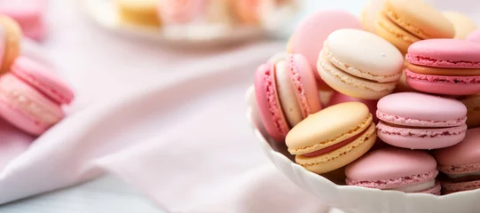 Deurstickers Colored macarons in bowl on the table, close up view © kobeza
