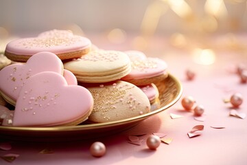 Pink, soft colored cookies in heart shape. Cookies with sugar icing in pastel colors in a plate....
