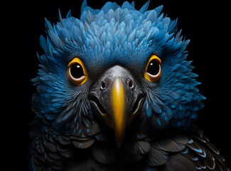 blue and Gold Royal macaw, perfect closeup portrait, black background