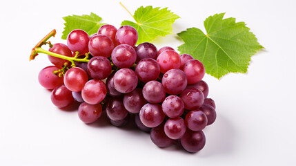 Fototapeta premium Isolated red grapes with green foliage viewed from above on a white background.