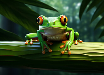 Fototapeta premium Tree frog , Flying frog laughing, animal closeup, Gliding frog sitting on moss