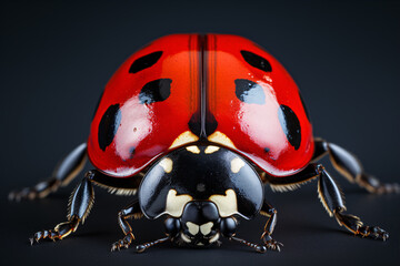 Fototapeta premium Macro close-up of the seven-dot Coccinella septempunctata, on a dark backdrop.