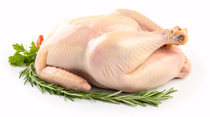 A lateral image of uncooked fowl on a white background, representing a nutritional notion. - obrazy, fototapety, plakaty