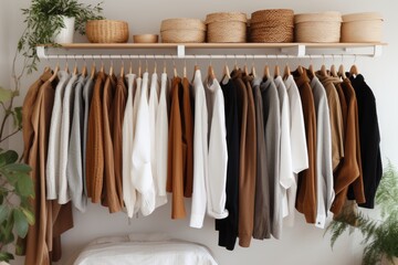 Wooden hangers with clothes on rails in a storage room. Wardrobe with many different blouses, jumpers, sweaters, sweatshirts, wicker baskets and natural plants on shelf