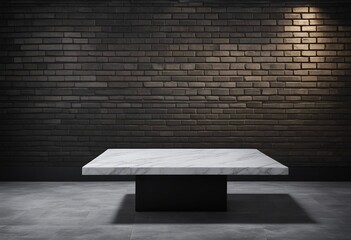 Empty white marble table top with black brick wall background For product display High quality photo