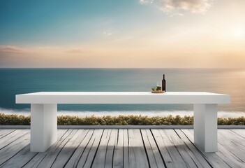 Empty white table with sea and sky background For product display High quality photo