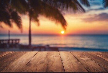 Empty wood table top on blur beach bar cafe at sunset view background