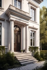 Entrance to the house in classic architectural style with stairs and columns on both sides