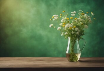 Fototapeta na wymiar Vase of wildflowers on wooden table and green wall texture background High quality photo