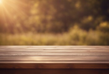 Empty wooden table smooth surface in brown color with blurred background and sunlight reflection