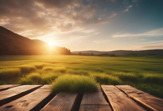 Wooden planks and sunset over grass field landscape background High quality photo