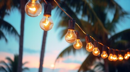 string of light bulb garlands hanging between two palm trees on a beach - obrazy, fototapety, plakaty