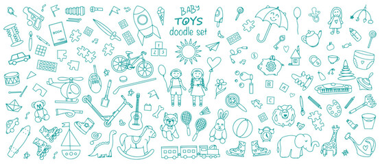 A colorful set of children's toys, sports and creative items. Doodle. Vector illustration