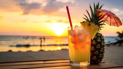 refreshing tropical drink with a pineapple wedge and umbrella - obrazy, fototapety, plakaty