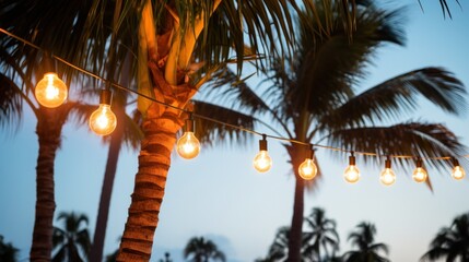 string of light bulb garlands hanging between two palm trees on a beach - Powered by Adobe