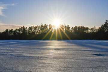 Sunny landscape at frozen lake