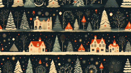winter pattern of houses and trees  in the night