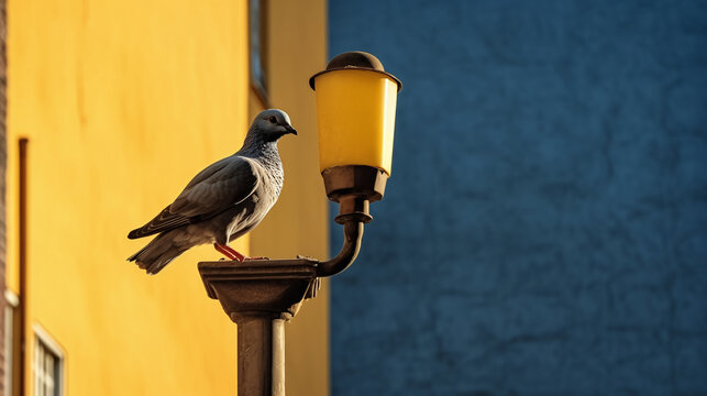 Pigeon standing near a yellow street lamp. Background walls are painted blue and yellow