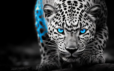 Black and white Wild jaguar in Blue eyes ready to attack, Black background - obrazy, fototapety, plakaty
