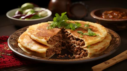 Fotobehang A Malaysian stuffed pancake filled with a savory mixture of minced meat © Visual Aurora